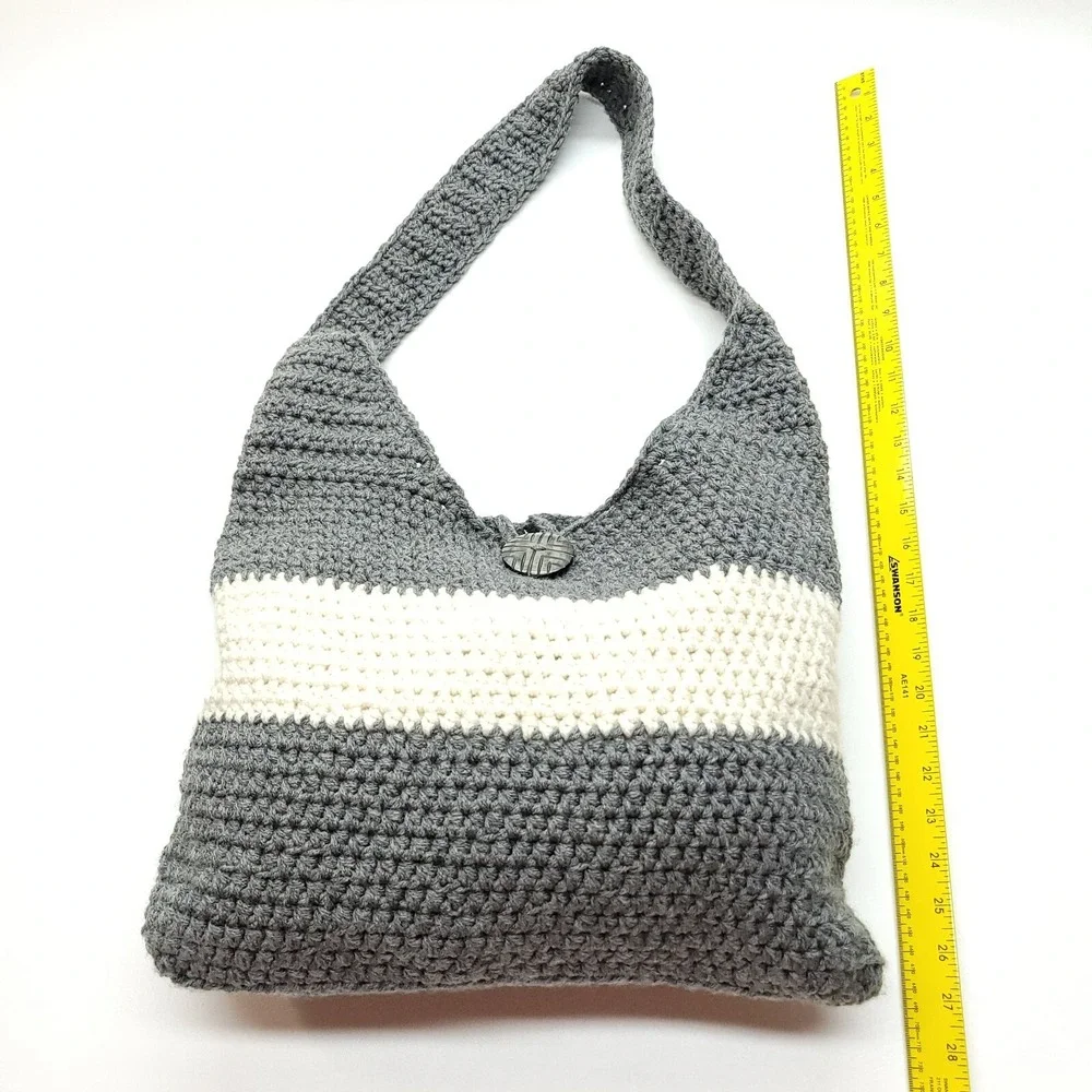 Handmade‎ Crochet Purse Gray Ivory Button Closure Hippie Boho Tote